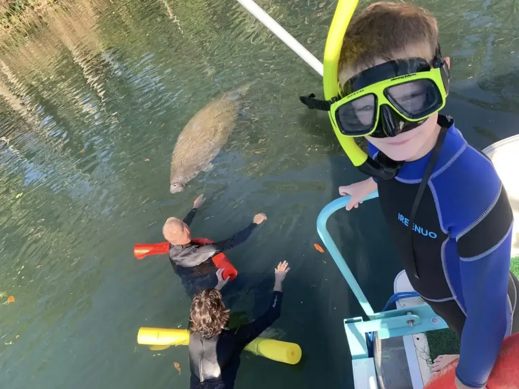 Kids in wetsuits and snorkels at the boat ladder with a manatee below