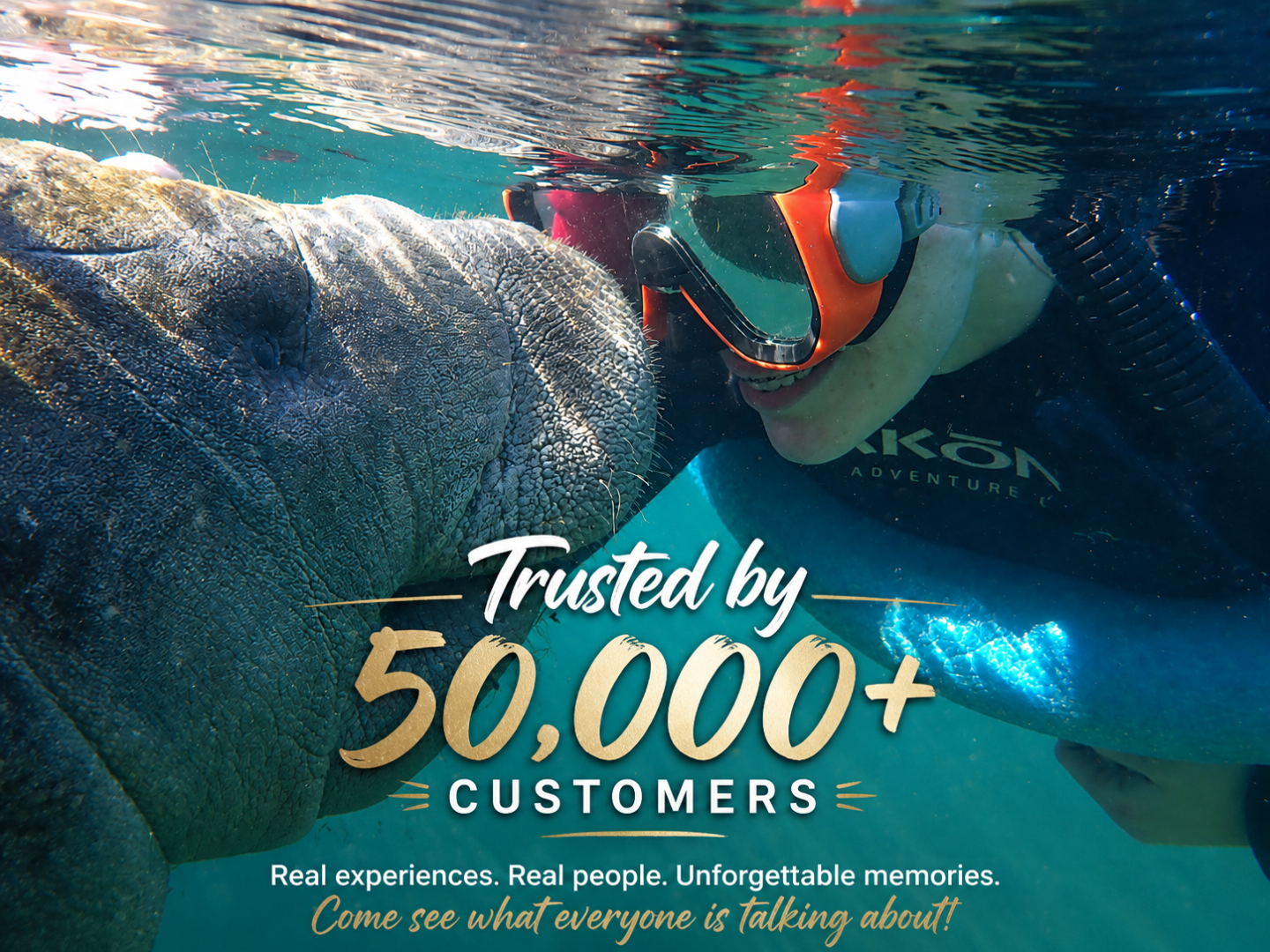 Person snorkeling with a manatee in clear water, text overlay about customer trust.